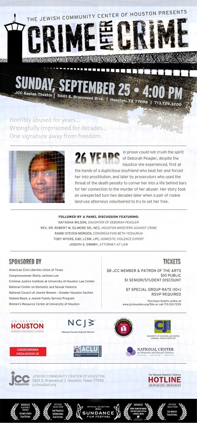 Crime After Crime premieres at the JCC, 5601 S. Braeswood, Sunday, Sept. 25 at 4 PM. For more information and to purchase tickets, visit www.jcchouston.org/film or contact Ariela Emery at 713-729-3200 x3299.