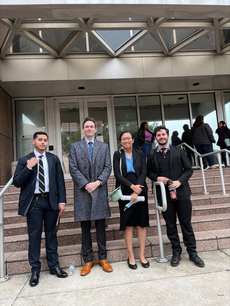 Immigration Clinic Director, Teresa Messer, Clinic Supervising Attorneys, Parker Sheffy and Lucas Aisenberg, and Clinic intern, Christopher Hernandez, volunteered as Friends of the Court for the Houston Immigration Court. The Friend of the Court program assists the Immigration Court by providing pro se respondents information about the immigration court process including information about their rights and responsibilities