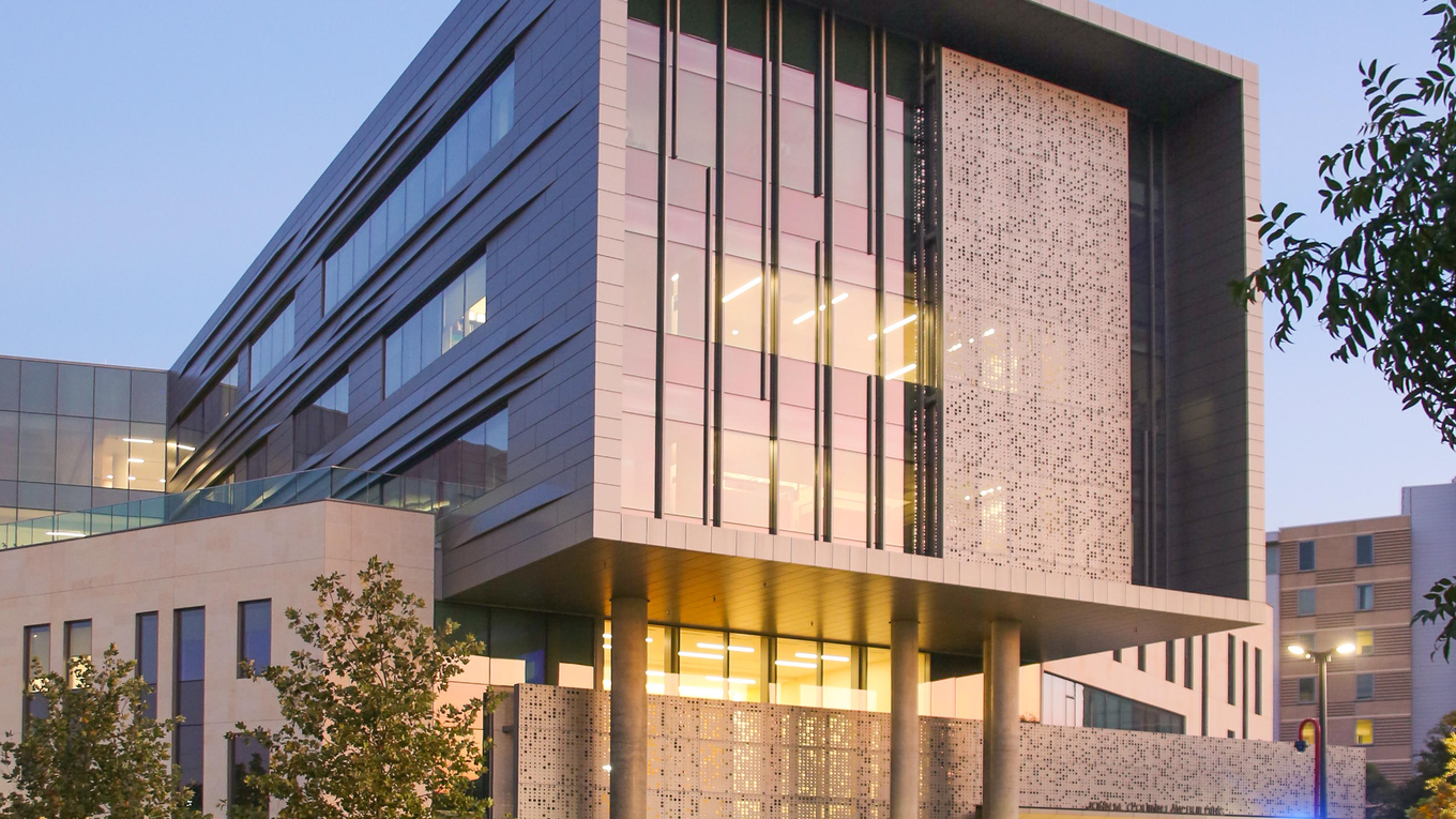 John M. O’Quinn Law Building at the University of Houston Law Center at dusk