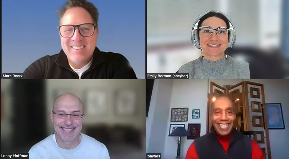 Speaker Mark L. Roark, interim dean of the University of Tulsa College of Law (top left) and UHLC Professor Emily Berman (top right) with UH Law Dean Leonard M. Baynes (bottom left) and UHLC Professor Lonny Hoffman at the virtual presentation of Roark’s talk “The City as an Institution” hosted by UHLC.