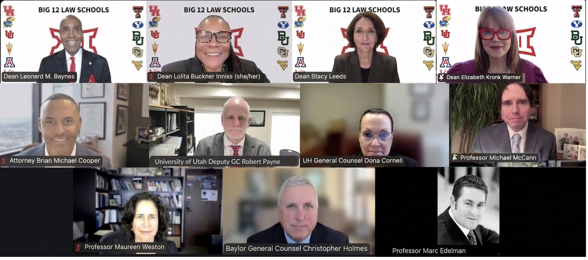 Law school deans, professors, and Big 12 university general counsels at the UH Law Center online sports law webinar on college athletics and revenue sharing.