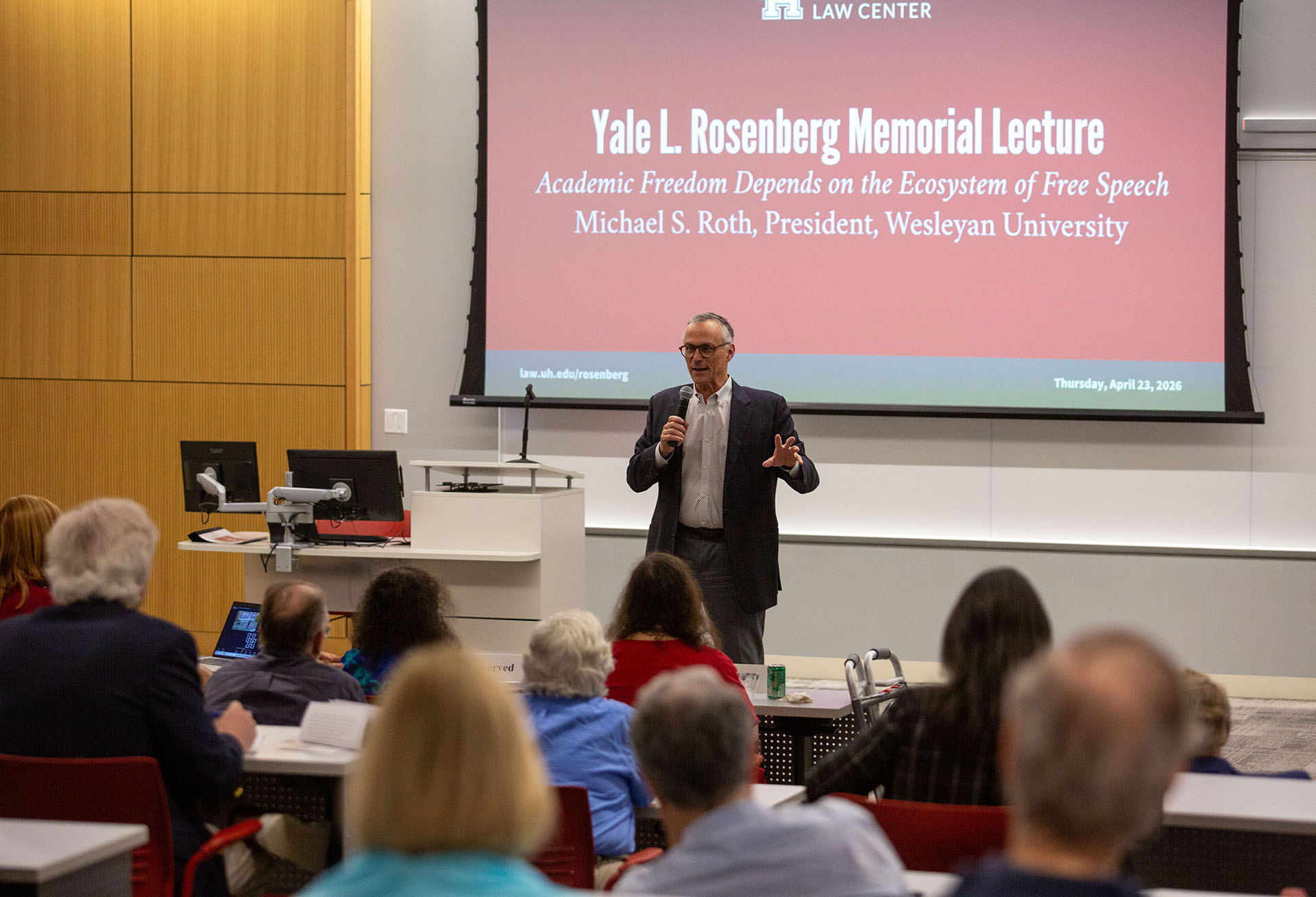 Wesleyan University President Michael S. Roth focused on the need for open dialogue and protecting academic freedom at the 2026 Yale L. Rosenberg Lecture at the University of Houston Law Center.